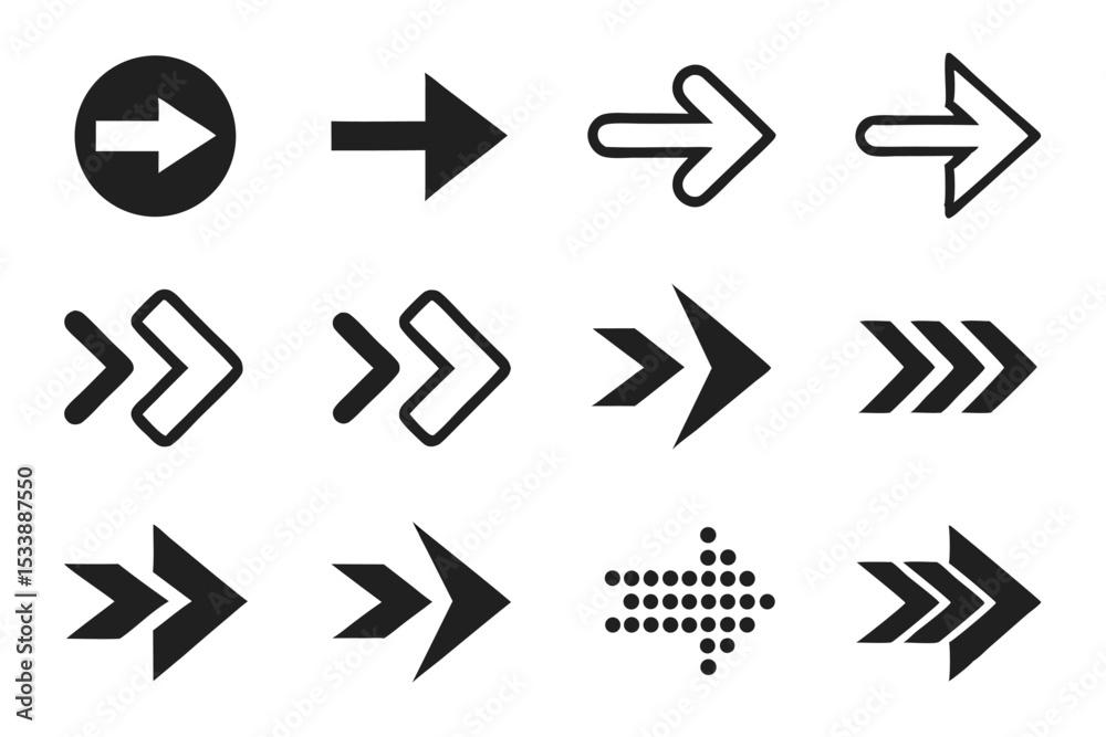 Poster collection of directional arrow icons in various styles and designs for user interface elements
