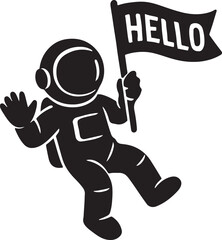 Astronaut floating with a Hello flag