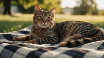 Tabby Cat Relaxing on Plaid Blanket Outdoors in Summer Sunlight