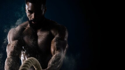 A man performing intense battle rope drills in a dark setting