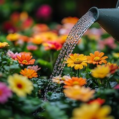 Yellow daisies sparkle under gentle garden watering high resolution picture