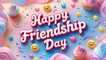Happy friendship day with cupcakes emojis hearts and stars decoration