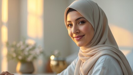 Smiling Muslim Woman in Soft Sunlight