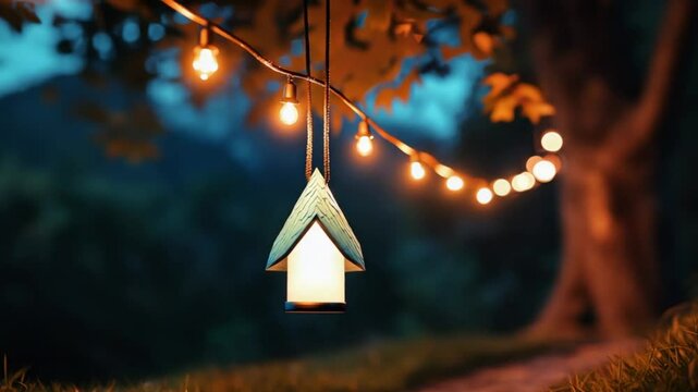 A cozy lantern hanging from a tree branch, illuminating a serene evening garden with string lights