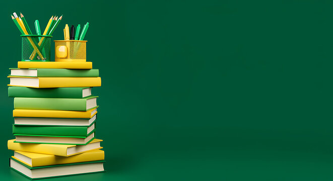 Stack of green and yellow books with pen holders on a green background, books, stack, green, yellow, education, school, study, reading, learning, knowledge, textbooks, pen holders, pencils, pens, stat