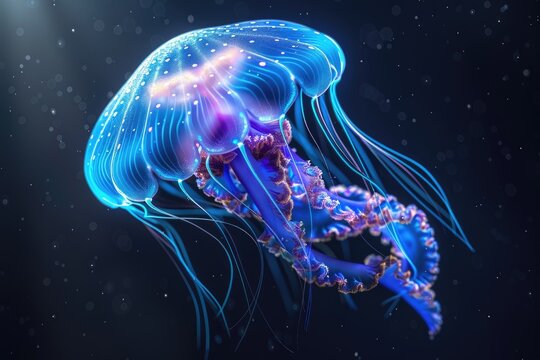 Stunning bioluminescent jellyfish underwater glowing in vibrant blue and purple hues a mesmerizing marine creature ocean wildlife