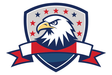 Patriotic Eagle Crest with Stars, Stripes, and Ribbon Banner Design