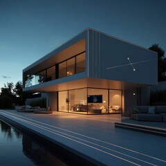 Modern Luxury Villa at Night with Illuminated Exterior