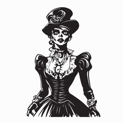 Gothic Victorian Style Female Zombie with Ornate Flourish Elements in Spooky Vector Design