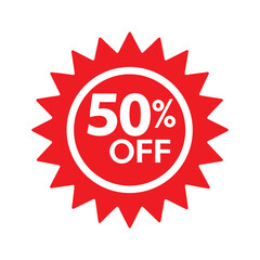 50% OFF starburst red discount graphic — modern sale badge vector for shops, ads, and ecommerce promotional materials.