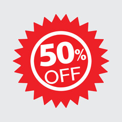 50% OFF circle label vector with clean layout — half-price promotional badge for ecommerce, seasonal sales, and advertising materials.