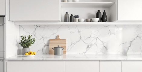 Modern minimalist kitchen interior with marble backsplash, white cabinets, and elegant shelf decor in soft lighting for contemporary design inspiration. Ai generative