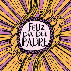 Colorful stylized graphic illustration of a father's day greeting written in spanish with celebratory design elements for the upcoming 2025 holiday.