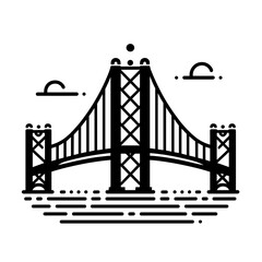 Modern bridge illustration in minimal style over water with clouds  