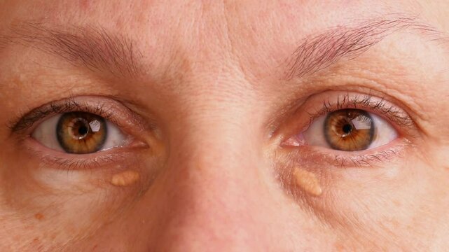 Close-up of an adult woman closing her eyes with a pathology of cholesterol plaques and drooping eyelid