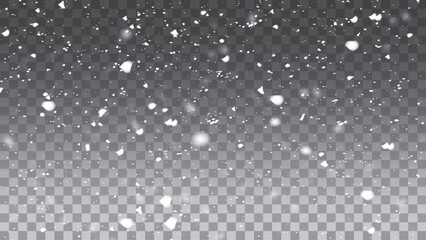 Frosty snowflakes falling on a transparent background. Winter heavy snowfall, Frosty landscape delicate snowflakes. Vector design.