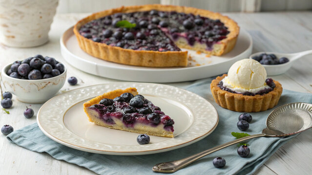 blueberry cheesecake on a plate, blueberry desert, desert photography, illustration, food close up