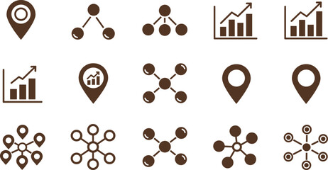 Minimal vector analytics icons, map pin, data chart, graph growth, network nodes, infographic symbol, business UI, digital illustration set