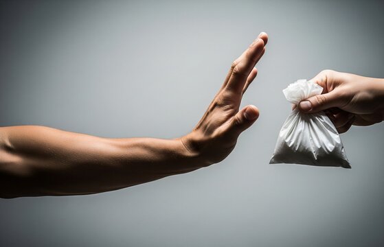 A clear act of refusal: rejecting white powder drug bag on International Day Against Drug Abuse and Illicit Trafficking.