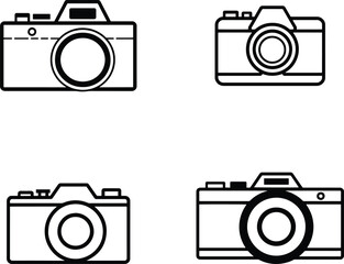 Simple Line Art Illustration of Four Digital Cameras, Four stylized, black outline illustrations of digital cameras.