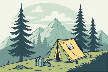 Winter forest camping landscape with snow-covered pine trees, perfect for a holiday or Christmas season illustration