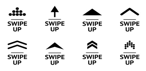 Swipe up icon set. Swipe up, arrow symbol, button. Upload icon button, send, export icon. Arrow up for social media stories, design blogger, scroll pictogram. Vector illustration.