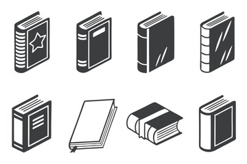 Collection of isometric book icons in monochrome style for design and educational projects