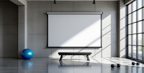 Modern gym interior with projection screen, minimalist bench, blue fitness ball, and dumbbells in bright sunlight through large windows. Ai generative