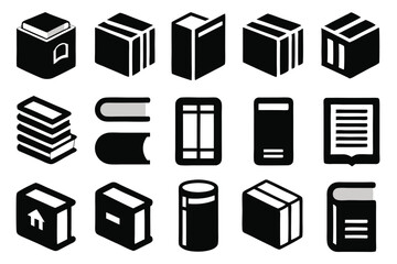 Collection of stylized black and white book icons representing various formats and perspectives