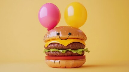 Cheerful cartoon hamburger with balloons