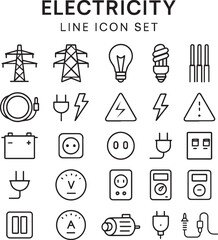 Electricity line icon set. Electric power line, light bulb, cable, wire, voltage and electrical equipment. Outline vector icon in linear style. Series of pictograms