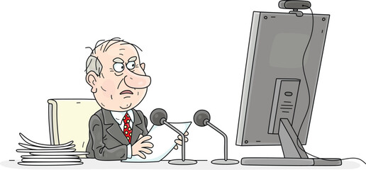 Discontented government official reading aloud his very long and important speech from paper sheets in front of a computer monitor with a webcam at an online conference, vector cartoon illustration