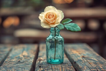 Pale yellow rose in teal glass bottle on weathered wood