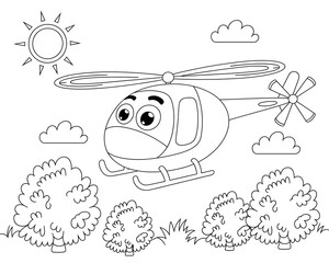 Black and White Line Art Cartoon Helicopter Flying Over Simple Trees and Clouds Sunny Day Kids Coloring Page 1