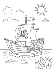 Black and White Line Art Cartoon Pirate Ship Sailing on Calm Sea Under Sunny Sky Kids Coloring Page image 1