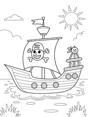 Black and White Line Art Cartoon Pirate Ship Sailing on Calm Sea Under Sunny Sky Kids Coloring Page image