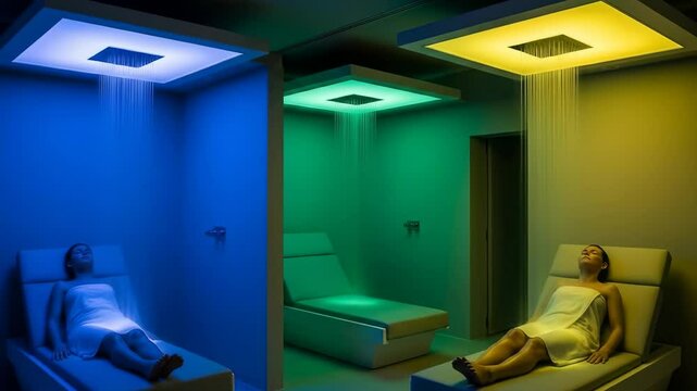 Two women relaxing on beds under chromotherapy showers in a spa. Hydrotherapy and color light for wellness and health concept, footage.