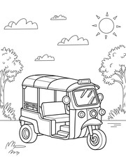 Black and White Line Art Cartoon Tuk in Sunny Landscape Kids Coloring Page three wheeled vehicle auto rickshaw