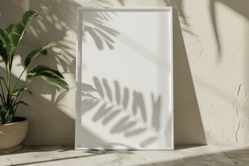 Flawless Image of Elegant White Frame Leaning Against Wall with Sunlight and Shado