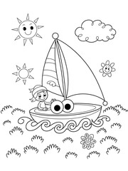 Black and White Line Art Coloring Page Child Sailing Cartoon Boat Sunny Day Flowers kids coloring page