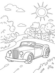 Black and White Line Art Coloring Page Classic Convertible Car Driving on Country Road Sunny Day Landscape Trees Clouds Kids Activity