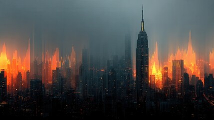 Obraz premium A city skyline with a tall building in the middle. The sky is dark and cloudy, and the city is lit up with lights. Scene is one of chaos and destruction, as the city is engulfed in flames