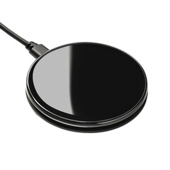 Sleek, modern wireless charger with glossy black surface, designed for convenient charging of compatible devices. Its minimalist design enhances any workspace or home setting