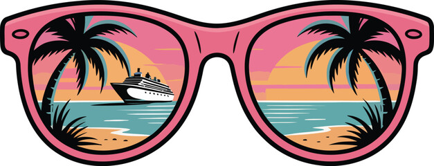 Pink sunglasses reflecting a tropical sunset scene with cruise ship.