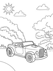 Black and White Line Art Coloring Page Convertible Car in Sunny Landscape Kids Coloring Book automobile