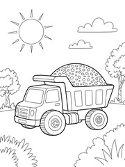 Black and White Line Art Coloring Page Dump Truck Toy Vehicle Kids Cartoon Illustration Sunny Day Landscape
