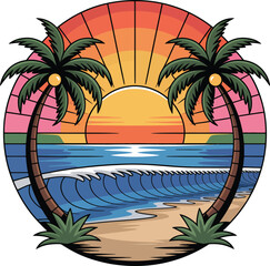 Vibrant sunset beach scene with palm trees and ocean wave