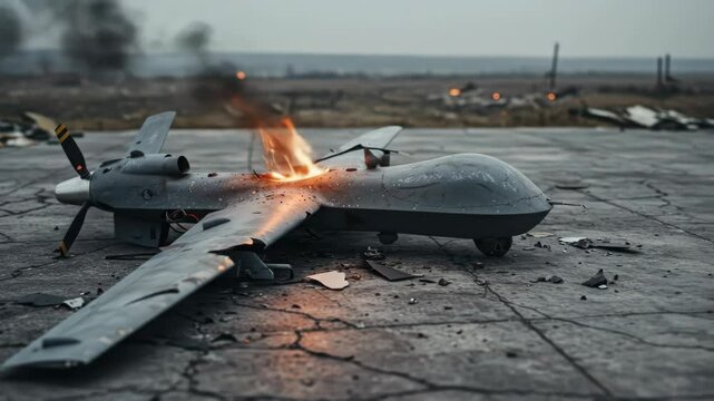 Damaged drone burning on concrete