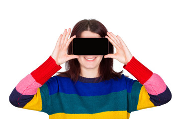 Happy young woman covers her eyes with smartphone, has fun using modern technologies. Female portrait isolated on transparent background, phone screen copy space