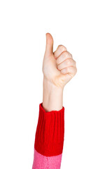 Raised woman hand shows thumb up gesture, positive feedback or like symbol isolated on transparent background